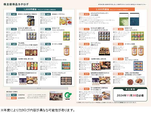 ①自社オリジナルカタログから商品を1点選択　②寄付