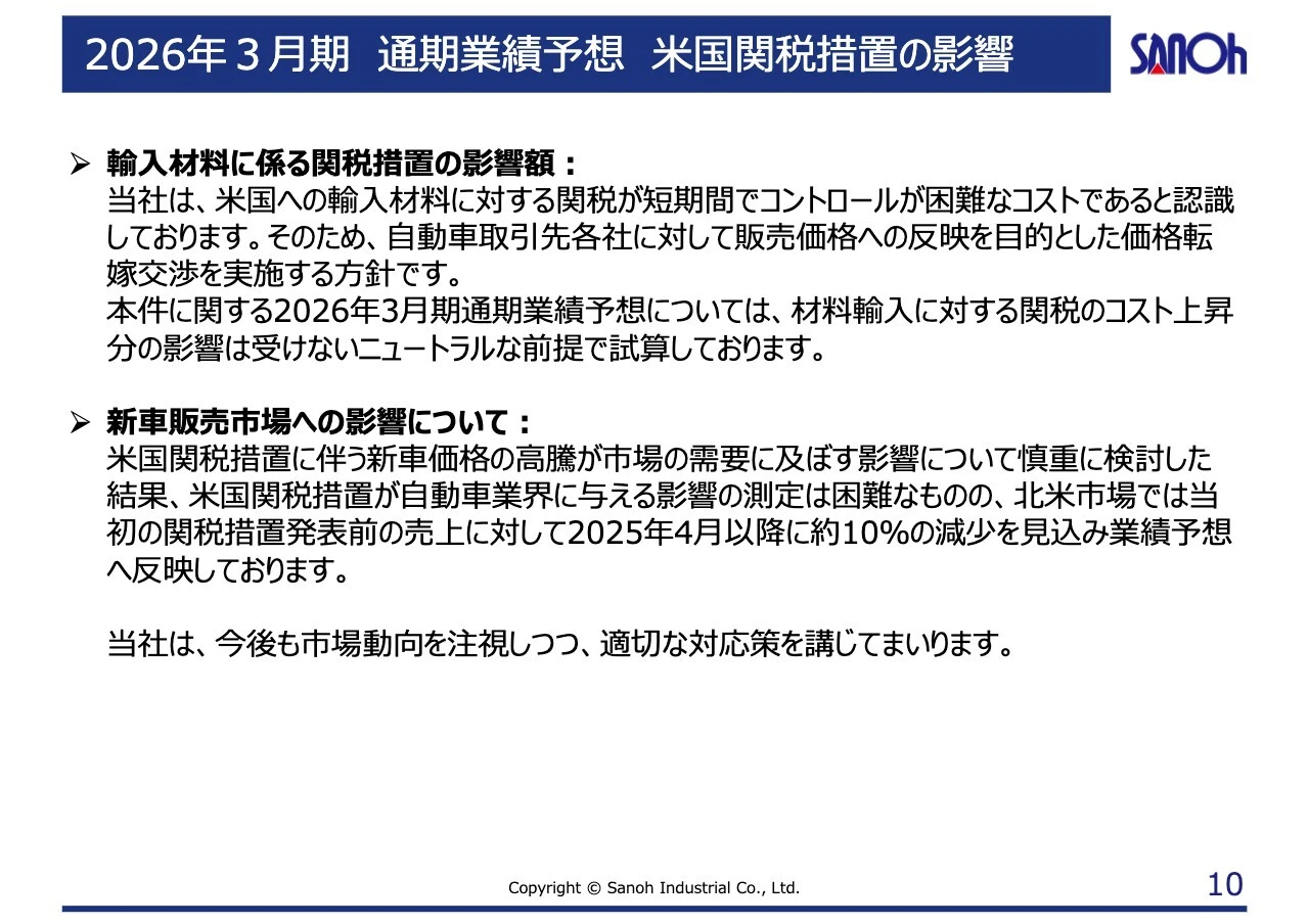 2026年3月期 通期業績予想 米国関税措置の影響