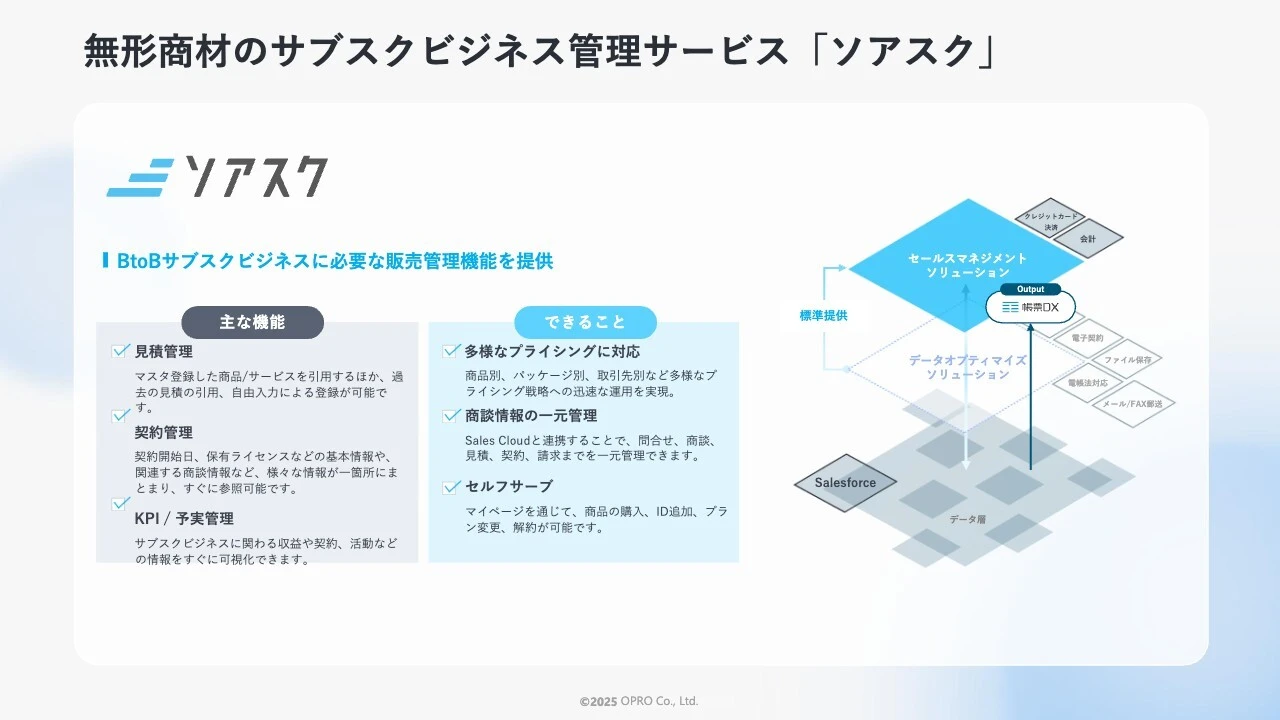 無形商材のサブスクビジネス管理サービス「ソアスク」